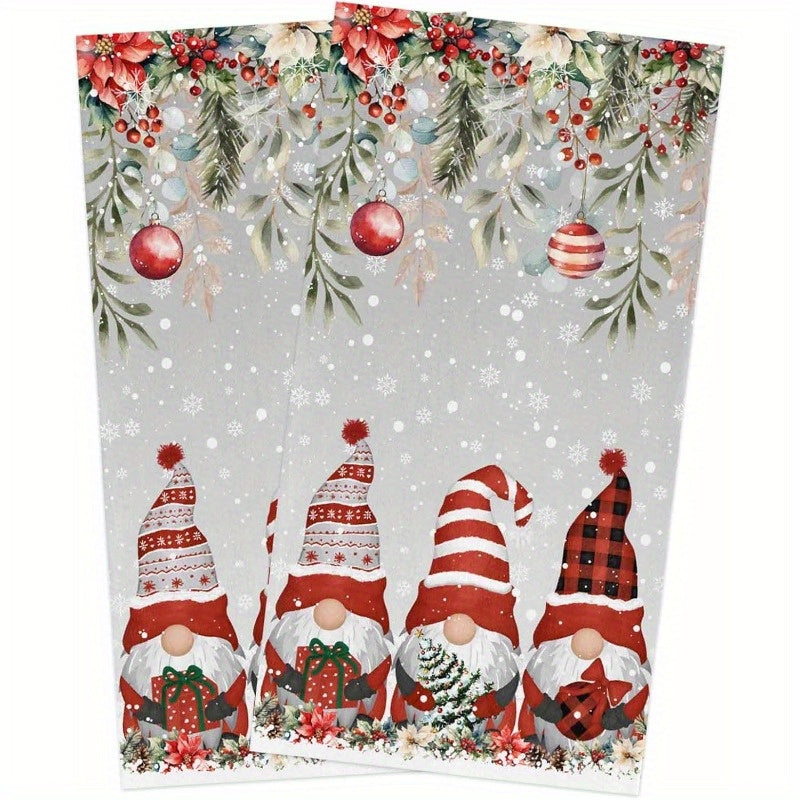 A festive Merry Christmas themed kitchen towel set featuring 2 pieces in dimensions of 45.72*66.04cm. The design includes dwarfs, Christmas trees, and poinsettia balls in gray. The set includes a soft and durable kitchen dish towel and hand towel.