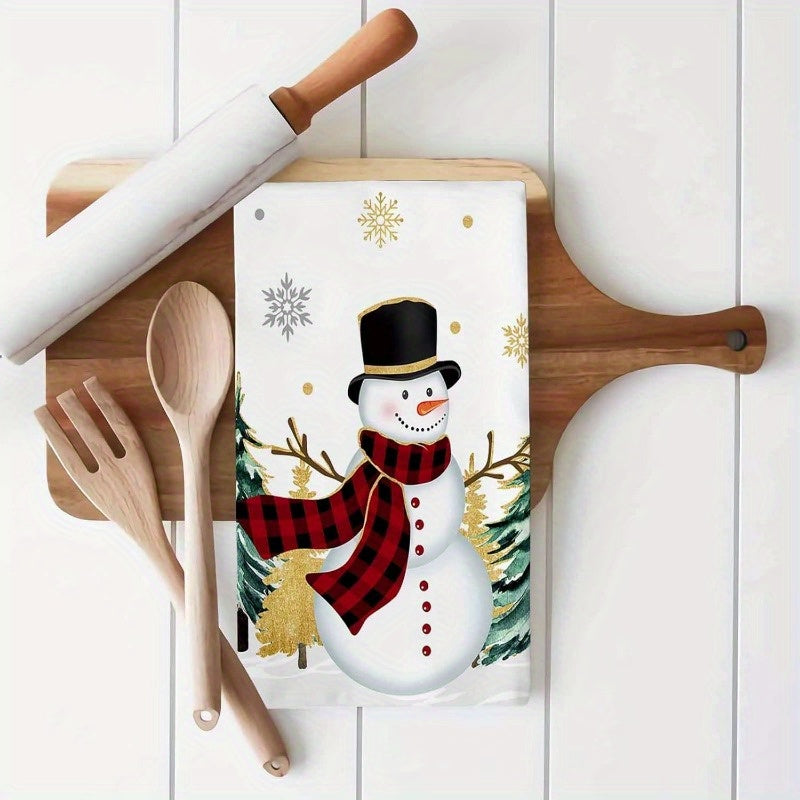 Set of 2 Christmas-themed kitchen towels featuring a snowman, Christmas tree, and golden snowflakes. These towels are highly absorbent, extremely soft, and fast-drying, perfect for use as dish towels, bar towels, or tea towels. Each towel measures