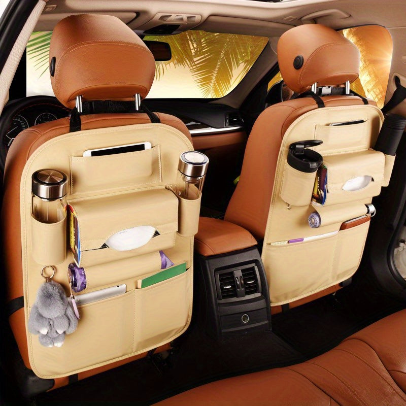 Universal faux leather car seat back organizer for tidying and storing auto accessories