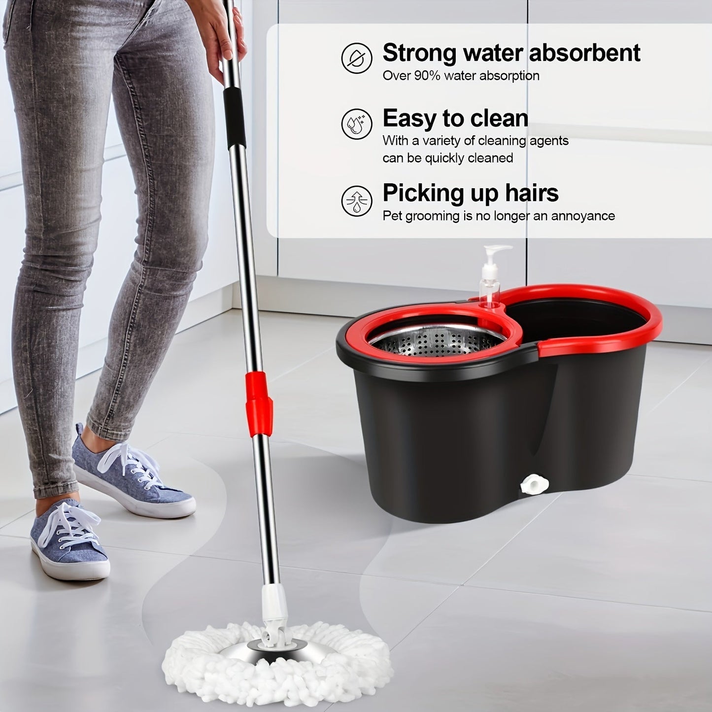 Floor cleaning made easy with the 1pc 360° Rotating Mop and Bucket System. This kit features a Dual-Drive Stainless Steel design for hands-free washing and can be used for both wet and dry cleaning. Perfect for use in the home, office, car, or outdoor