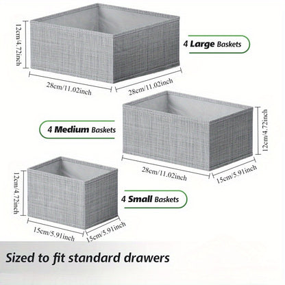 12 Clothes Drawer Organizer Bins for Nursery and Bedroom. Non-woven fabric containers for baby clothing storage, hand washable. Ideal for closet and dresser organization.