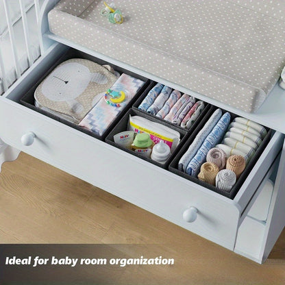 12 Clothes Drawer Organizer Bins for Nursery and Bedroom. Non-woven fabric containers for baby clothing storage, hand washable. Ideal for closet and dresser organization.