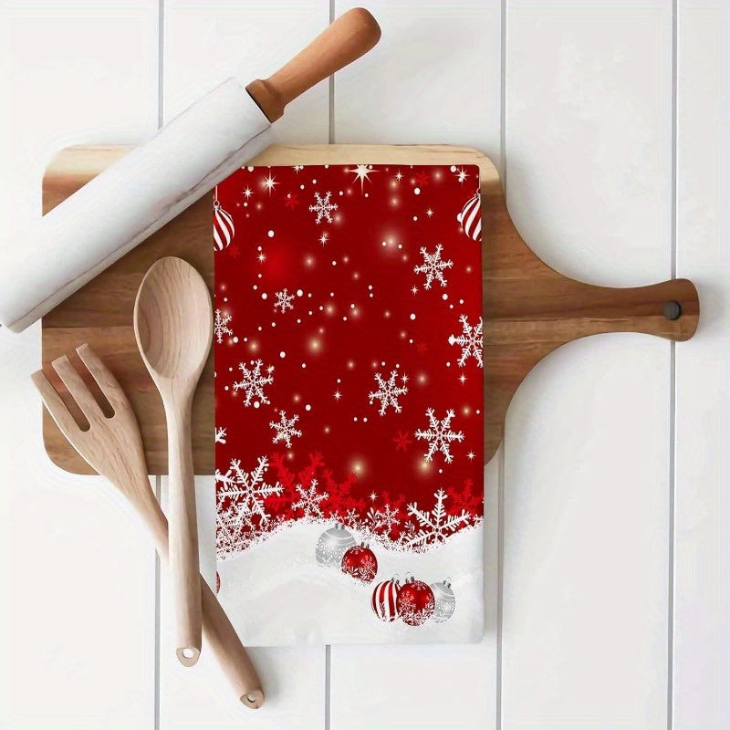 A set of 2 contemporary Christmas kitchen towels, each measuring 45.72x66.04 cm. Made from soft polyester material, featuring a fun cartoon theme. These rectangular towels are machine washable and quick drying. They are adorned with a festive Merry