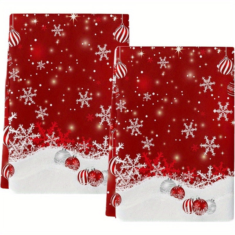 A set of 2 contemporary Christmas kitchen towels, each measuring 45.72x66.04 cm. Made from soft polyester material, featuring a fun cartoon theme. These rectangular towels are machine washable and quick drying. They are adorned with a festive Merry