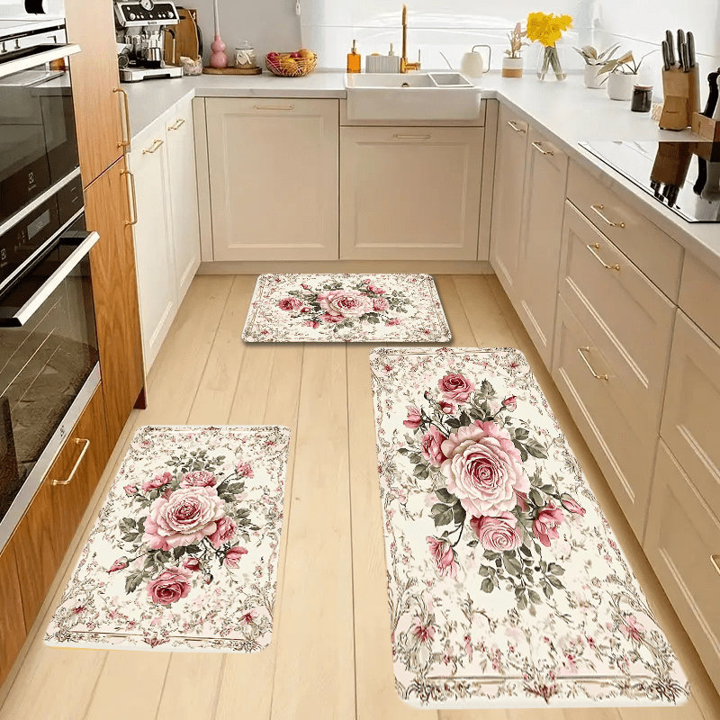 Polyester Floral Kitchen Mats Set by JIT - Non-Slip, Oil-Resistant, and Easy to Clean Floor Rugs. High Absorption Bath Mats with 1.2cm Thickness, Suitable for Bathroom, Kitchen, or Home Entrance.