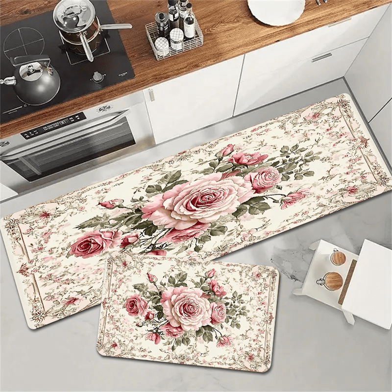 Polyester Floral Kitchen Mats Set by JIT - Non-Slip, Oil-Resistant, and Easy to Clean Floor Rugs. High Absorption Bath Mats with 1.2cm Thickness, Suitable for Bathroom, Kitchen, or Home Entrance.