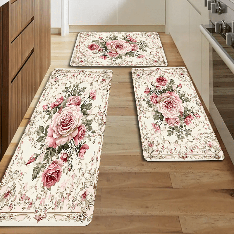 Polyester Floral Kitchen Mats Set by JIT - Non-Slip, Oil-Resistant, and Easy to Clean Floor Rugs. High Absorption Bath Mats with 1.2cm Thickness, Suitable for Bathroom, Kitchen, or Home Entrance.