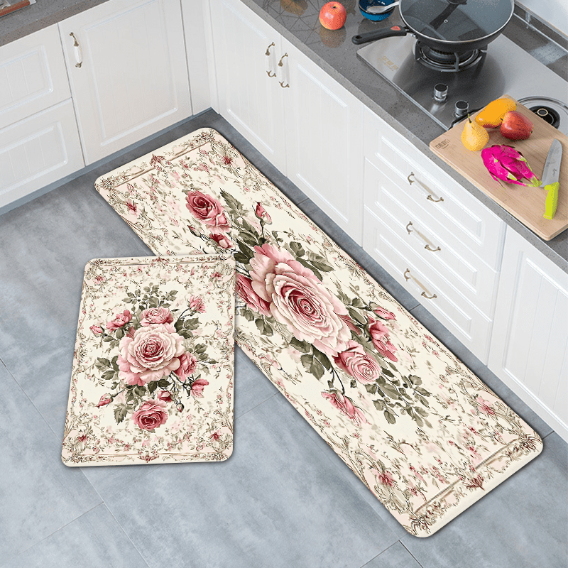 Polyester Floral Kitchen Mats Set by JIT - Non-Slip, Oil-Resistant, and Easy to Clean Floor Rugs. High Absorption Bath Mats with 1.2cm Thickness, Suitable for Bathroom, Kitchen, or Home Entrance.