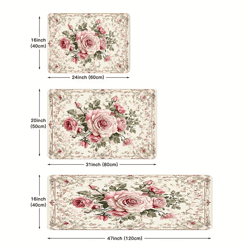 Polyester Floral Kitchen Mats Set by JIT - Non-Slip, Oil-Resistant, and Easy to Clean Floor Rugs. High Absorption Bath Mats with 1.2cm Thickness, Suitable for Bathroom, Kitchen, or Home Entrance.