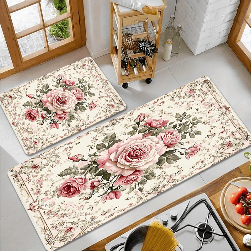 Polyester Floral Kitchen Mats Set by JIT - Non-Slip, Oil-Resistant, and Easy to Clean Floor Rugs. High Absorption Bath Mats with 1.2cm Thickness, Suitable for Bathroom, Kitchen, or Home Entrance.