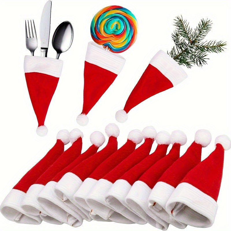 Festive Christmas 10-Pack Santa Hat Silverware Holders for Holiday Dining and Seasonal Decor.