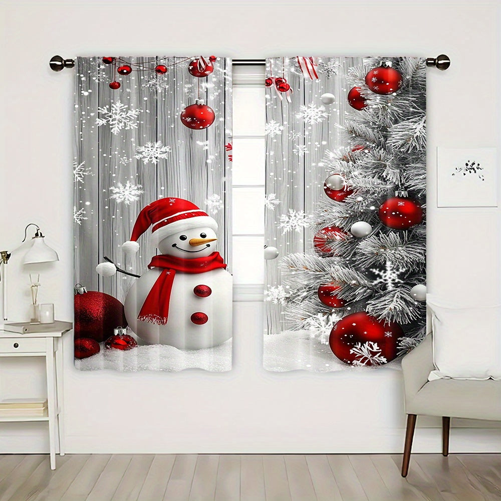 Get into the holiday spirit with our 2-Pack Polyester Christmas Curtains featuring a charming snowman and festive ornaments design. These washable holiday window treatments are perfect for sprucing up your living room, kitchen, or dining room decor.