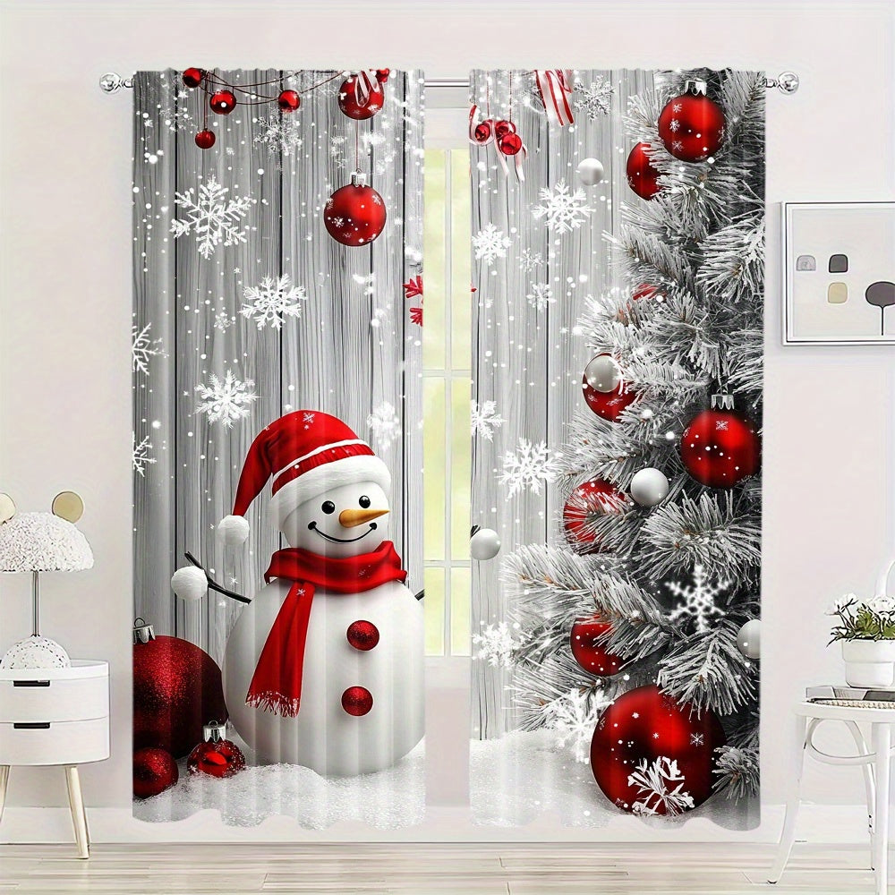 Get into the holiday spirit with our 2-Pack Polyester Christmas Curtains featuring a charming snowman and festive ornaments design. These washable holiday window treatments are perfect for sprucing up your living room, kitchen, or dining room decor.