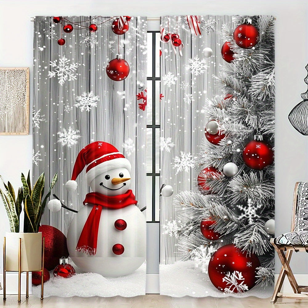 Get into the holiday spirit with our 2-Pack Polyester Christmas Curtains featuring a charming snowman and festive ornaments design. These washable holiday window treatments are perfect for sprucing up your living room, kitchen, or dining room decor.