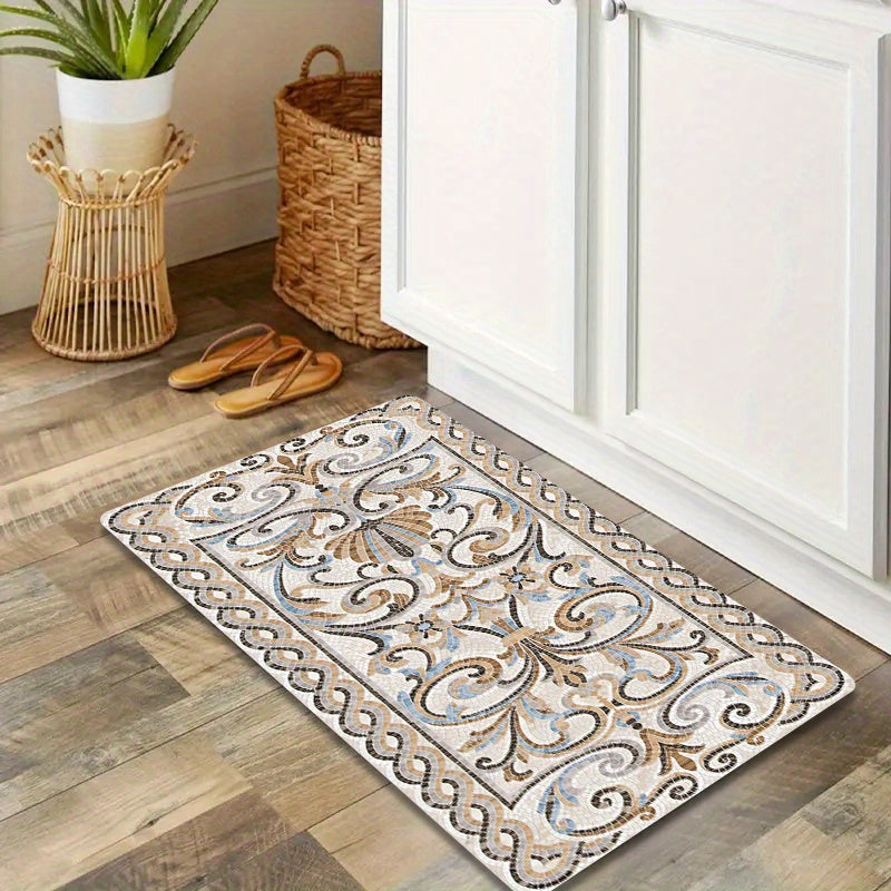 1pc Elegant Floral Pattern Anti-Fatigue Kitchen Floor Mat - 1.09cm thick, non-slip, wear-resistant, machine washable. Perfect for kitchen, living room, porch, balcony décor. Versatile, stain-resistant mat.