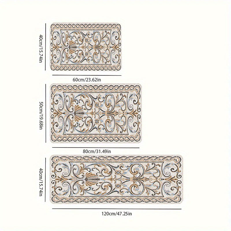 1pc Elegant Floral Pattern Anti-Fatigue Kitchen Floor Mat - 1.09cm thick, non-slip, wear-resistant, machine washable. Perfect for kitchen, living room, porch, balcony décor. Versatile, stain-resistant mat.