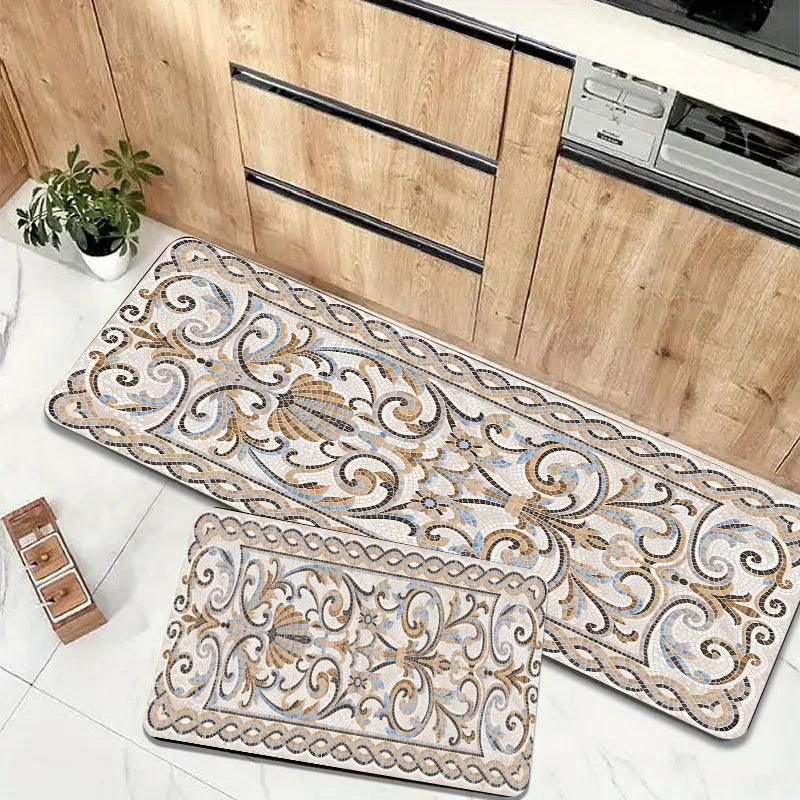 1pc Elegant Floral Pattern Anti-Fatigue Kitchen Floor Mat - 1.09cm thick, non-slip, wear-resistant, machine washable. Perfect for kitchen, living room, porch, balcony décor. Versatile, stain-resistant mat.