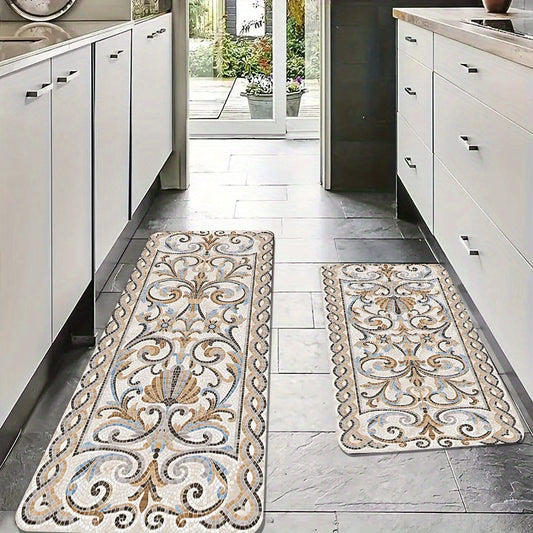 1pc Elegant Floral Pattern Anti-Fatigue Kitchen Floor Mat - 1.09cm thick, non-slip, wear-resistant, machine washable. Perfect for kitchen, living room, porch, balcony décor. Versatile, stain-resistant mat.