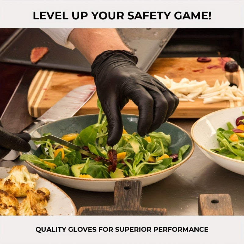 This pack includes 200 black disposable nitrile gloves that are powder and latex-free. They are waterproof and suitable for various activities such as kitchen cooking, bathroom and living room cleaning, pet outdoor use, tattoos, condiments, and haircuts.