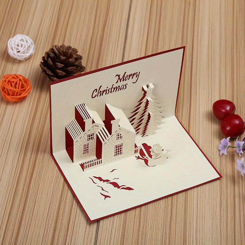 Get into the holiday spirit with this 3D Pop-Up Christmas Card featuring a festive castle and tree design. Made of hollow-out plastic, this unique greeting card is the perfect decoration for the holiday season and New Year's celebration.