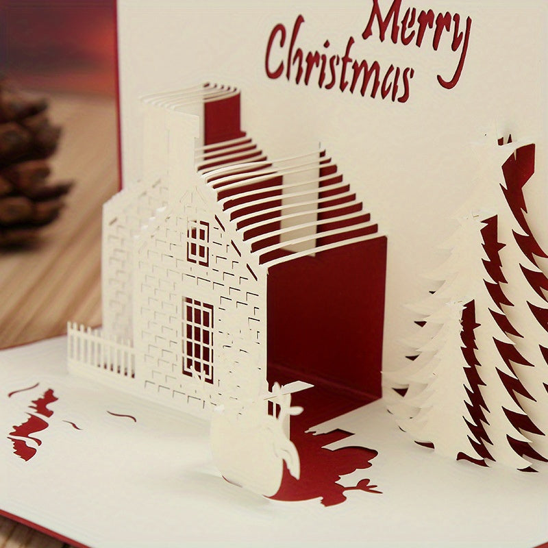 Get into the holiday spirit with this 3D Pop-Up Christmas Card featuring a festive castle and tree design. Made of hollow-out plastic, this unique greeting card is the perfect decoration for the holiday season and New Year's celebration.