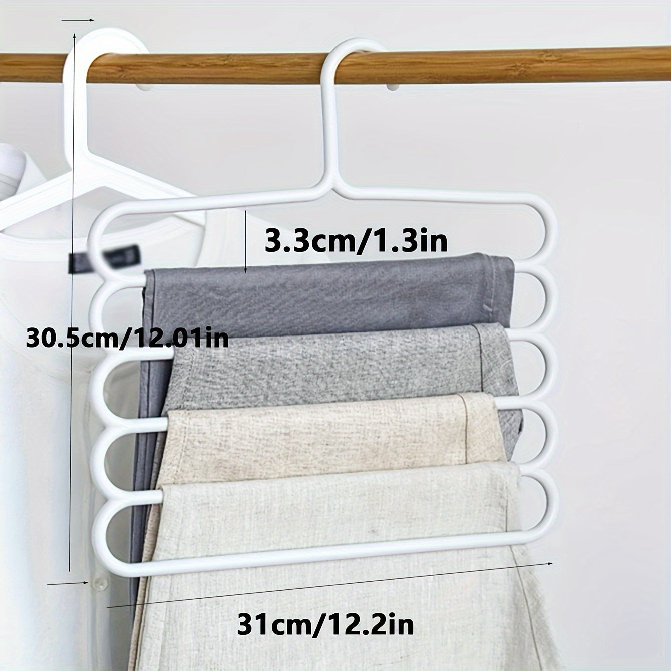 Compact 5-tier plastic pants hanger for versatile closet organization.