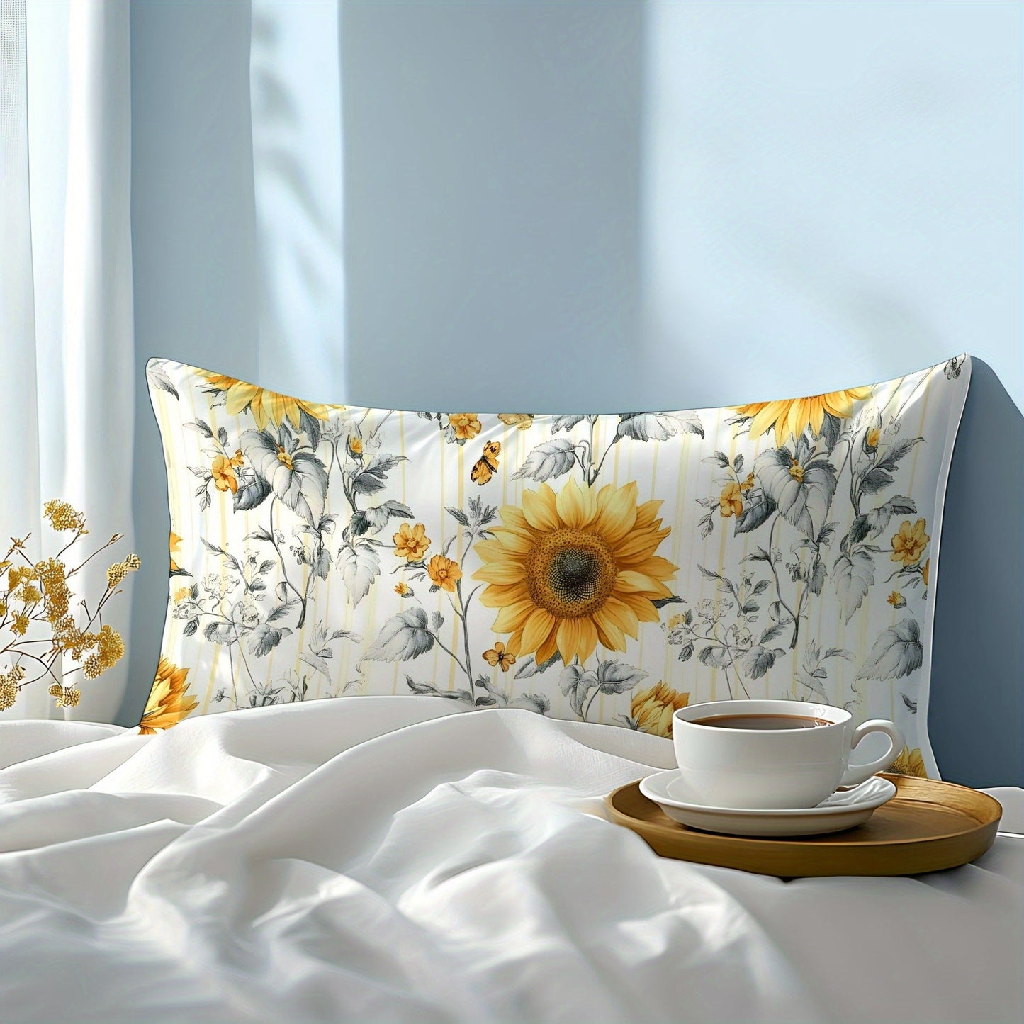 One Sunflower Pattern Pillowcase made of 100% Cotton with a 3D Digital Print. This pillowcase is soft, comfortable, and skin-friendly, perfect for use in the bedroom, guest room, hotel, or as a gift for home kitchen bedding. It is durable, waterwashed