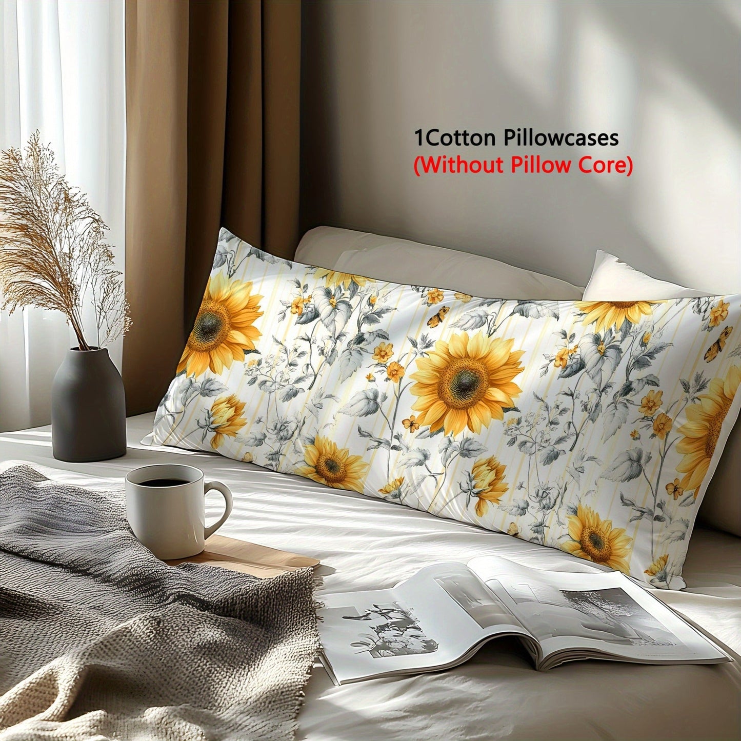 One Sunflower Pattern Pillowcase made of 100% Cotton with a 3D Digital Print. This pillowcase is soft, comfortable, and skin-friendly, perfect for use in the bedroom, guest room, hotel, or as a gift for home kitchen bedding. It is durable, waterwashed