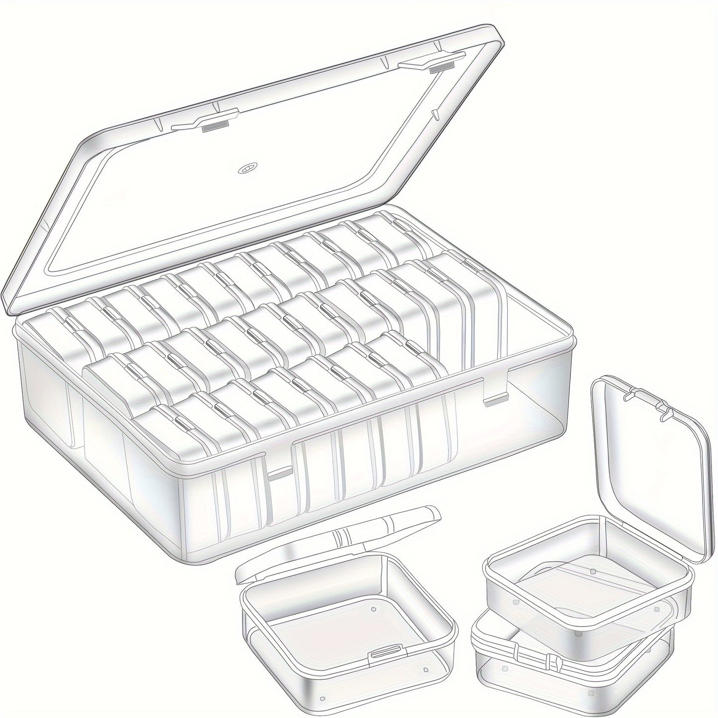 Set of 30 small transparent plastic storage boxes for jewelry, crafts, and small items in a large box. Comes in a set of 20 or 30 pieces, perfect for convenient travel storage.