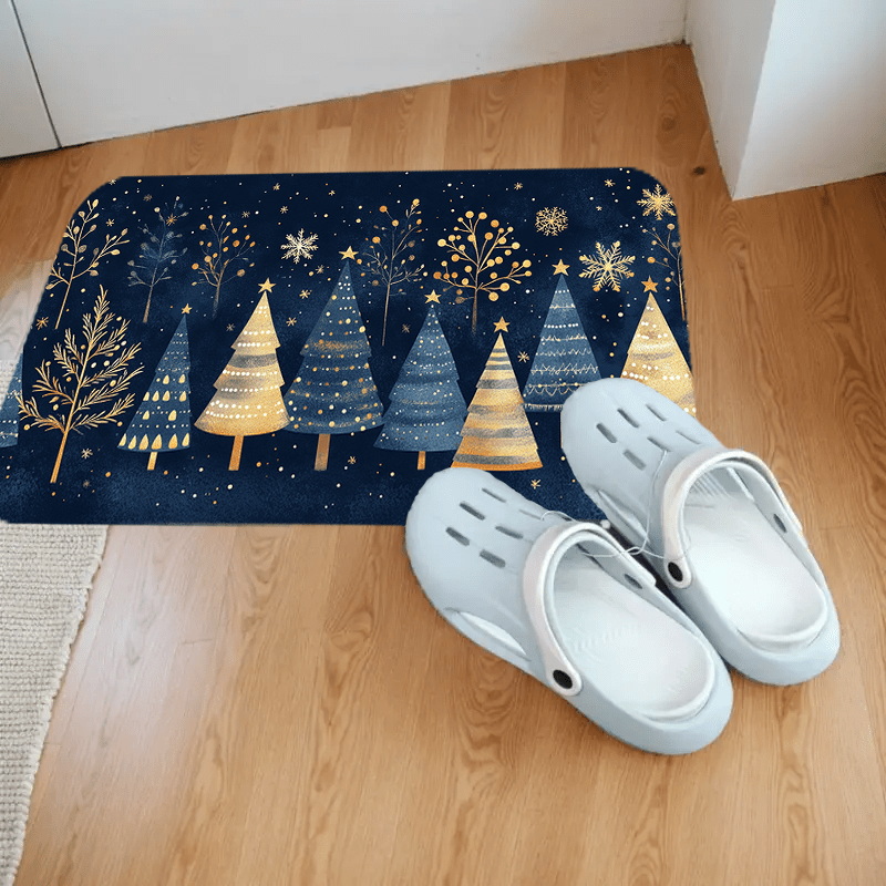 Give the gift of holiday cheer with this festive Polyester Christmas Doormat! Featuring geometric trees with golden accents on a navy blue background, this machine washable carpet is the perfect addition to any home decor. Complete with a snowflakes