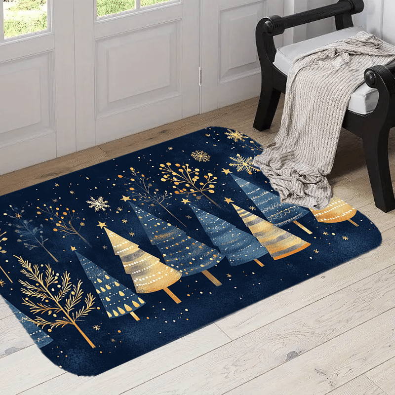 Give the gift of holiday cheer with this festive Polyester Christmas Doormat! Featuring geometric trees with golden accents on a navy blue background, this machine washable carpet is the perfect addition to any home decor. Complete with a snowflakes