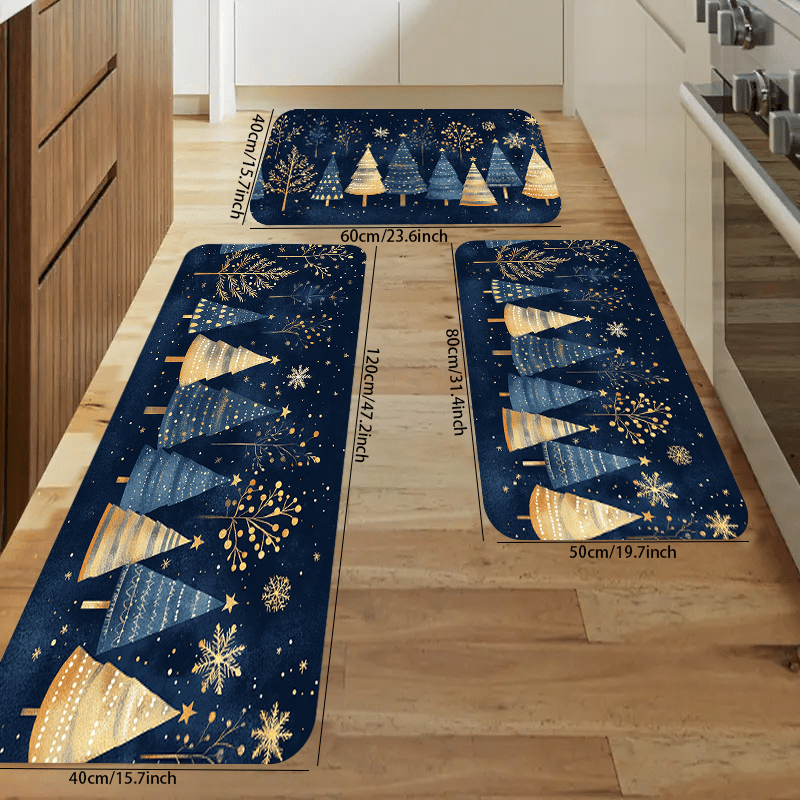 Give the gift of holiday cheer with this festive Polyester Christmas Doormat! Featuring geometric trees with golden accents on a navy blue background, this machine washable carpet is the perfect addition to any home decor. Complete with a snowflakes