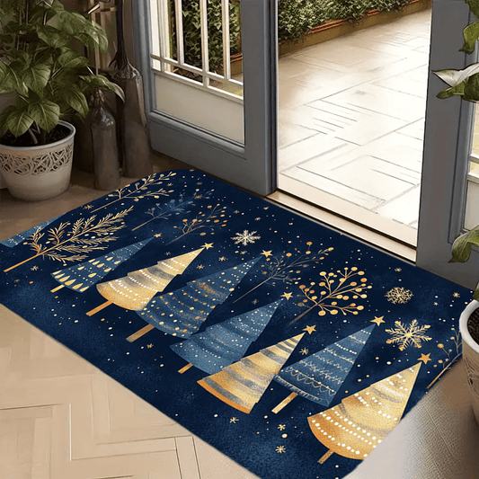 Give the gift of holiday cheer with this festive Polyester Christmas Doormat! Featuring geometric trees with golden accents on a navy blue background, this machine washable carpet is the perfect addition to any home decor. Complete with a snowflakes