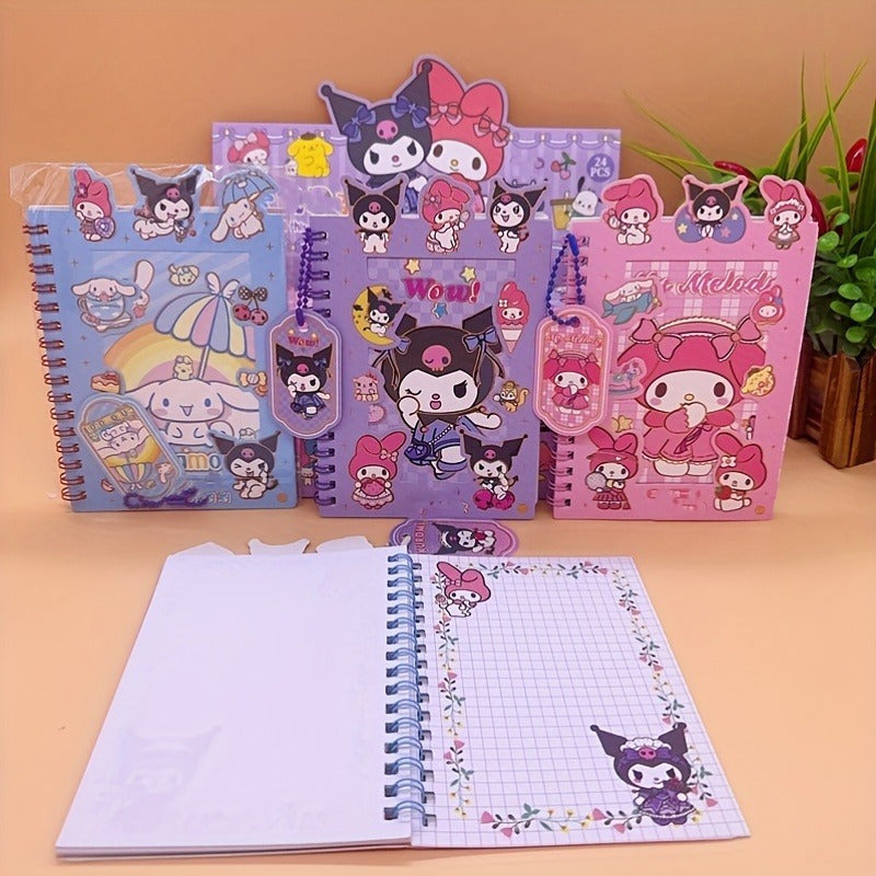 Sanrio Kuromi & Melody Cinnamoroll DIY Journal Kit - Includes Coil Notebook, Stickers & Charms in Blue, Purple, Pink - Perfect for Teens & Adults