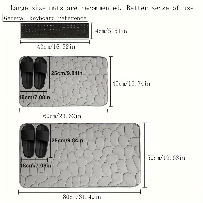 This memory foam bath rug features an embossed cobblestone design and is designed to be super absorbent and non-slip. Made from a polyester blend, it is suitable for use in the bathroom, toilet, kitchen, and laundry. The rug measures 100gsm and is 0.5cm