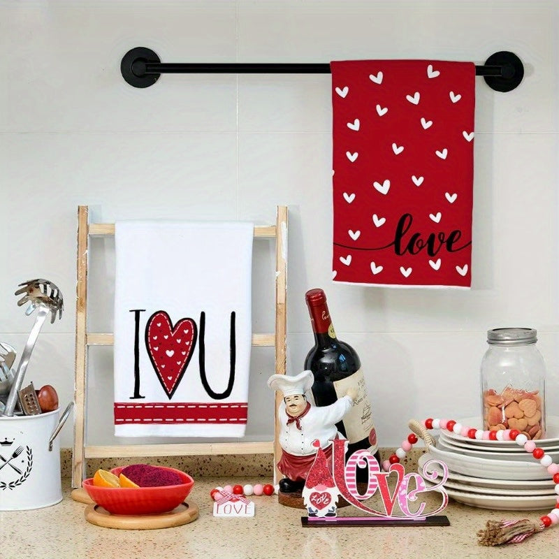 Valentine's Day Kitchen Towel Set - 2 Pieces, 45.72*66.04 cm Each - Red Heart Design, Super Absorbent Dish Towels for Wedding Drying - Decorative I Love You Logo - Perfect Valentine's Day Decoration