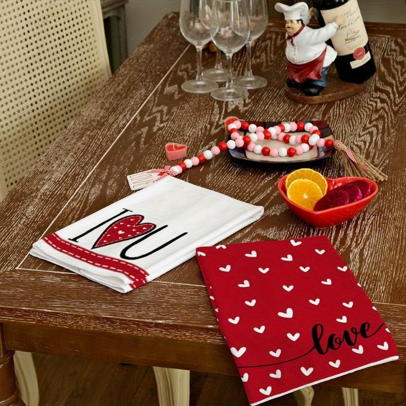 Valentine's Day Kitchen Towel Set - 2 Pieces, 45.72*66.04 cm Each - Red Heart Design, Super Absorbent Dish Towels for Wedding Drying - Decorative I Love You Logo - Perfect Valentine's Day Decoration