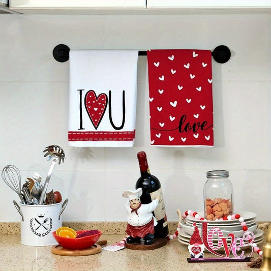 Valentine's Day Kitchen Towel Set - 2 Pieces, 45.72*66.04 cm Each - Red Heart Design, Super Absorbent Dish Towels for Wedding Drying - Decorative I Love You Logo - Perfect Valentine's Day Decoration