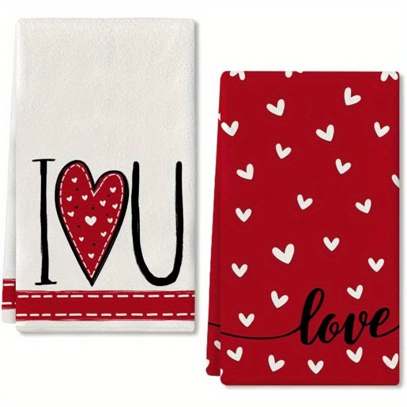 Valentine's Day Kitchen Towel Set - 2 Pieces, 45.72*66.04 cm Each - Red Heart Design, Super Absorbent Dish Towels for Wedding Drying - Decorative I Love You Logo - Perfect Valentine's Day Decoration