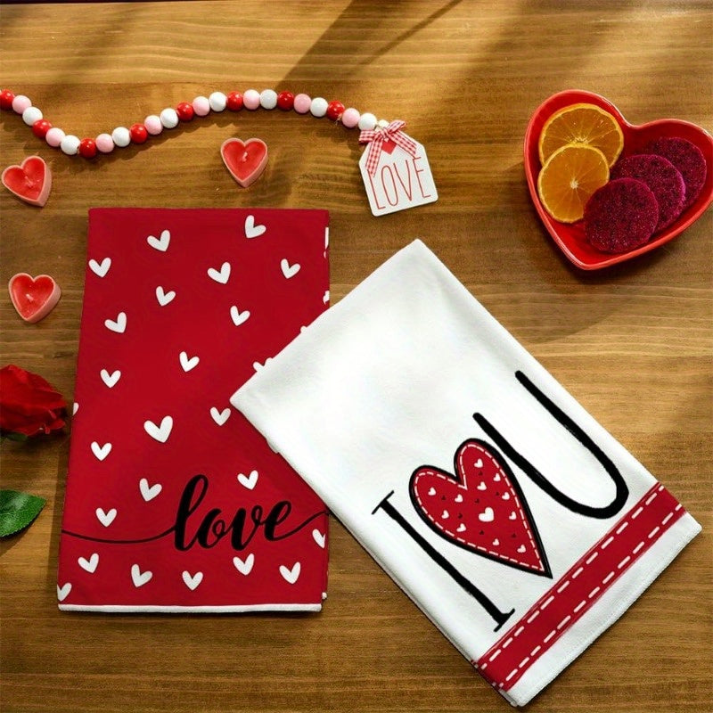 Valentine's Day Kitchen Towel Set - 2 Pieces, 45.72*66.04 cm Each - Red Heart Design, Super Absorbent Dish Towels for Wedding Drying - Decorative I Love You Logo - Perfect Valentine's Day Decoration