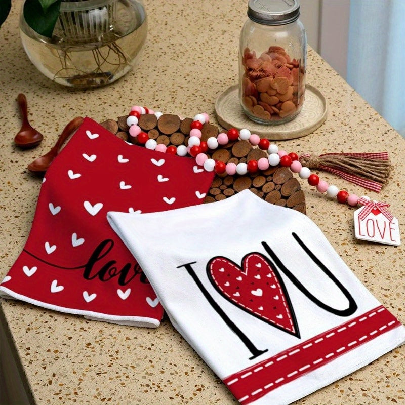 Valentine's Day Kitchen Towel Set - 2 Pieces, 45.72*66.04 cm Each - Red Heart Design, Super Absorbent Dish Towels for Wedding Drying - Decorative I Love You Logo - Perfect Valentine's Day Decoration