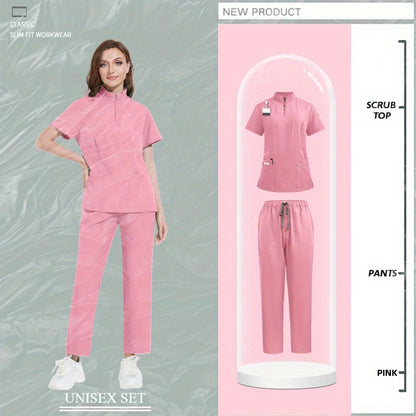 Beauty salon nursing uniforms for hospital nurses in Europe and the United States. Summer casual short-sleeved surgical clothing with collar and zipper.