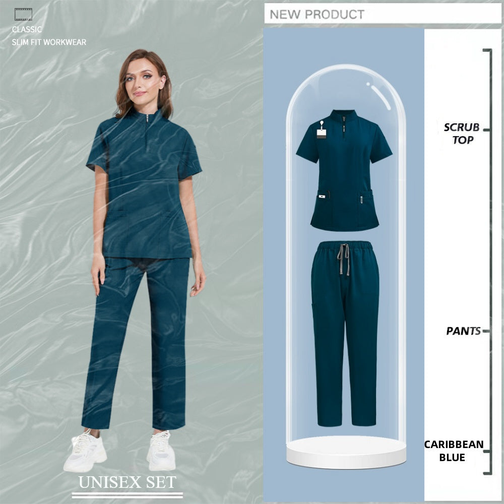 Beauty salon nursing uniforms for hospital nurses in Europe and the United States. Summer casual short-sleeved surgical clothing with collar and zipper.