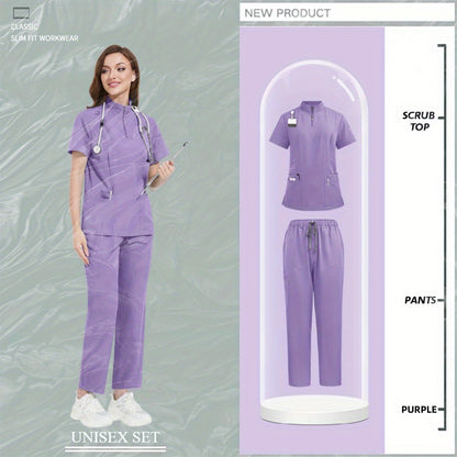 Beauty salon nursing uniforms for hospital nurses in Europe and the United States. Summer casual short-sleeved surgical clothing with collar and zipper.