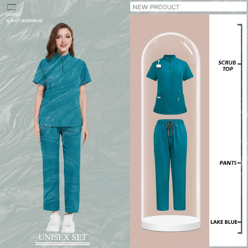 Beauty salon nursing uniforms for hospital nurses in Europe and the United States. Summer casual short-sleeved surgical clothing with collar and zipper.