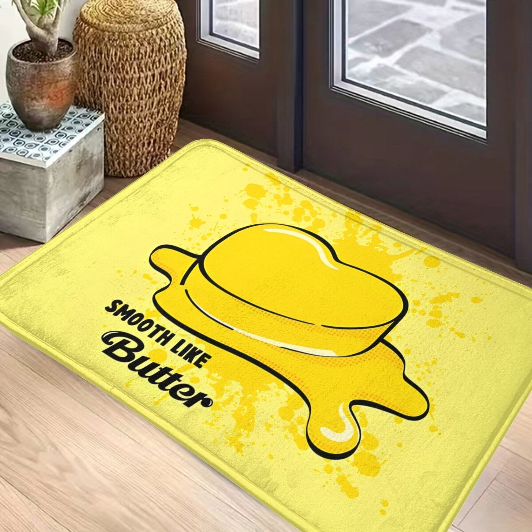 New for 2021 - "Smooth Like Butter" Design Kpop Bathroom Mat
- Rectangular polyester doormat
- Machine washable, lightweight
- Non-slip backing for safety
- Perfect for home and kitchen decor
- Ideal for adding a festive touch to your Christmas Xmas