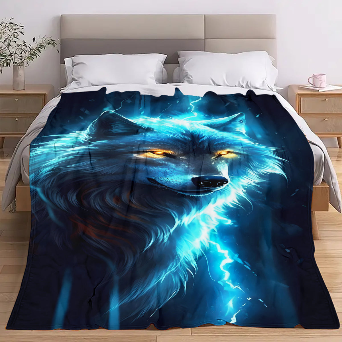 Soft and warm, this Electric Wolf Print Lightweight Flannel Blanket measures 127.0x152.4 cm and is perfect for all seasons. Featuring a stylish Bohemian digital print, this polyester blanket is allergen-free and quilted for extra comfort. Hand wash only