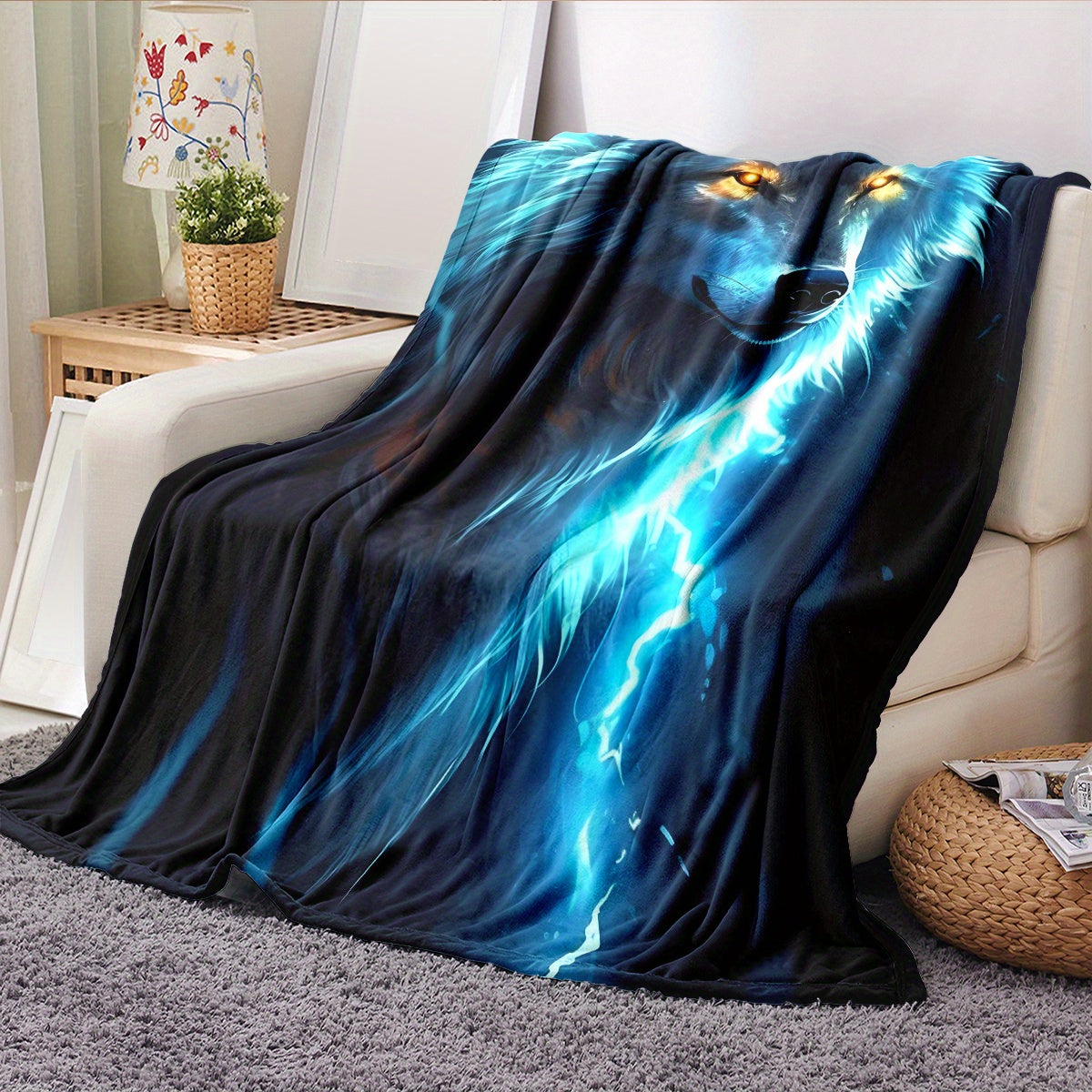 Soft and warm, this Electric Wolf Print Lightweight Flannel Blanket measures 127.0x152.4 cm and is perfect for all seasons. Featuring a stylish Bohemian digital print, this polyester blanket is allergen-free and quilted for extra comfort. Hand wash only