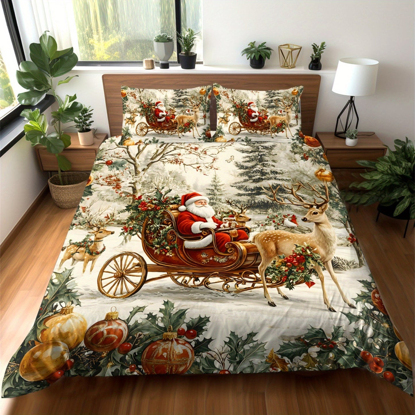 Christmas themed quilt cover kit includes a three-dimensional super soft fleece cover with a digital printing pattern of Santa Claus, Sleigh, Reindeer, Snowman, Snowflake, and Gifts. The kit includes 1 quilt cover and 1 or 2 pillowcases. The fabric is