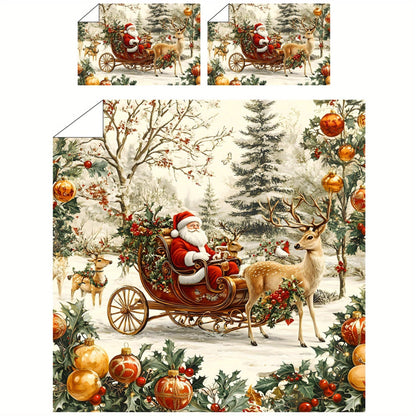 Christmas themed quilt cover kit includes a three-dimensional super soft fleece cover with a digital printing pattern of Santa Claus, Sleigh, Reindeer, Snowman, Snowflake, and Gifts. The kit includes 1 quilt cover and 1 or 2 pillowcases. The fabric is